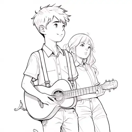 Boy Wearing A Shirt And Suspenders Wearing A Guitar Walking In Front Of A Girl