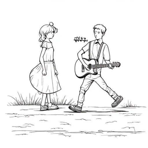 Boy Walking Away Wearing A Shirt And Suspenders Wearing A Guitar Walking In Front Of A Girl