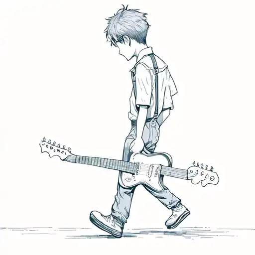 Boy Walking Away Wearing A Shirt And Suspenders Wearing A Guitar