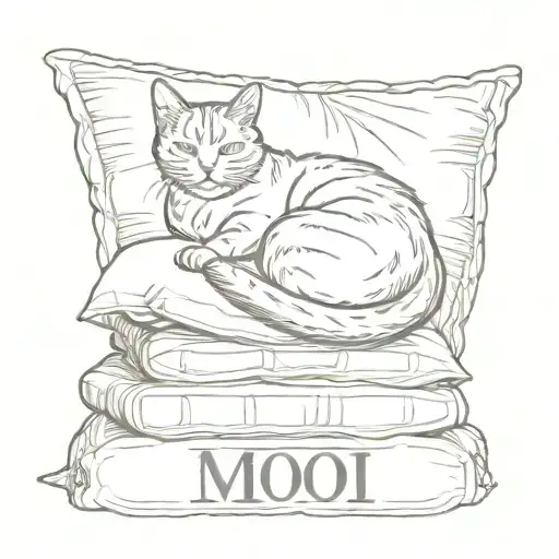 A Sketch Style Tattoo Of A Cat Napping On A Pile Of Pillows With The Word 'Moi' Subtly Incorporated