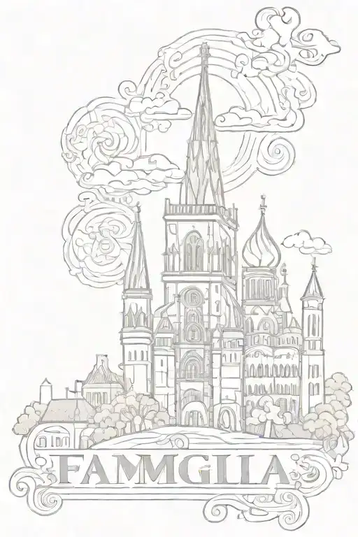 Famiglia Text Tattoo Design With The Towers Of Festa Di Gigli In Nola On The Background