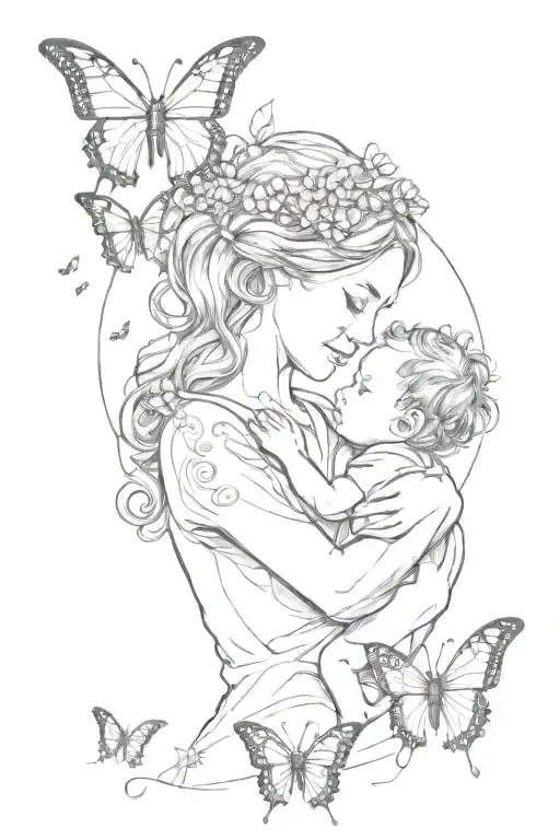 Mother Holding Child Symbol Intertwined With Butterflies
