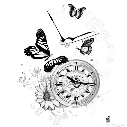 Broken Clock With Flowers And Butterflies