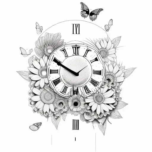 Half Of A Broken Clock With Flowers And Butterflies