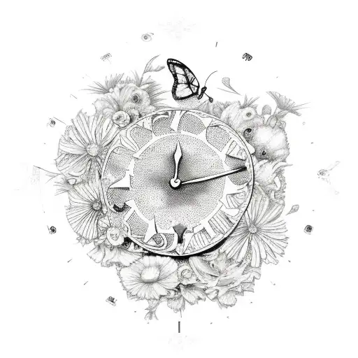 Shattered Clock With Flowers And Butterflies