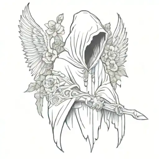 Grim Reaper With Hood With Wings And Flowers