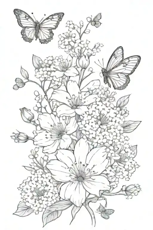 Birth Flower Of August And May With Baby's Breath Flowers And A Tiny Butterfly Over The Top