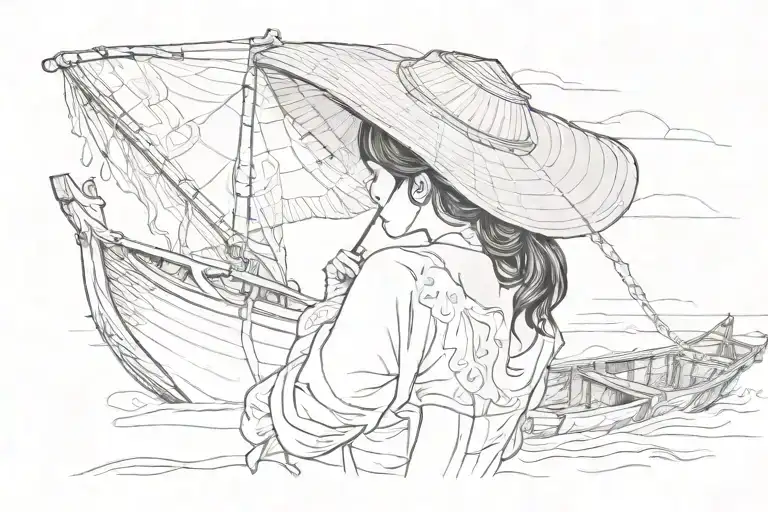 A Vietnamese Girl In A Hat On A Vietnamese Fishing Boat In The Distance With No Background