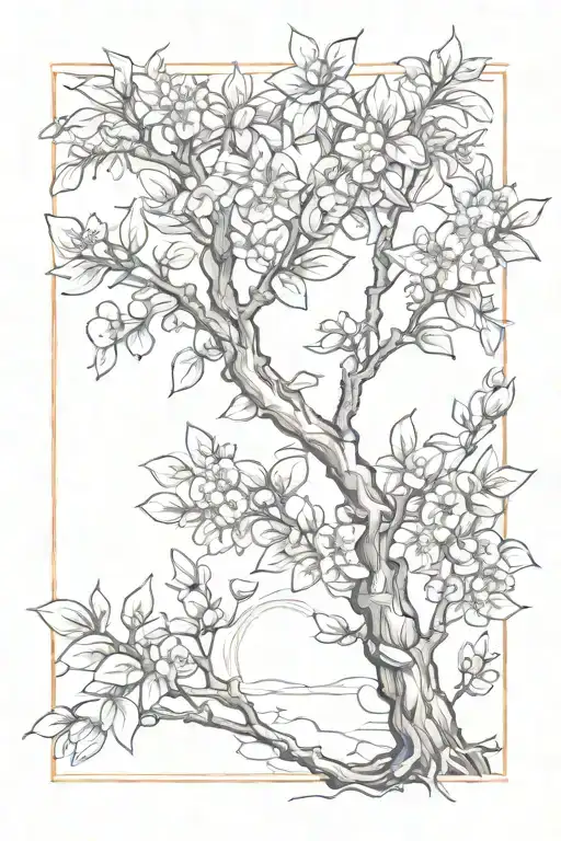 An Orange Tree Behind A Framed Blossom Tree Branch