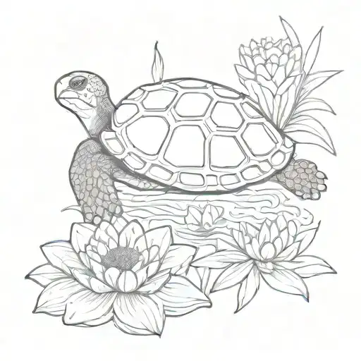 Single Turtle And Single Water Lily Intertwined