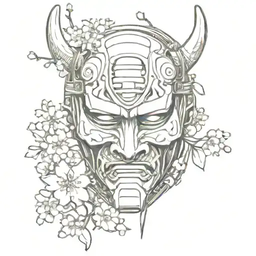 A Broken Samurai Mask With Cherry Blossoms Around It