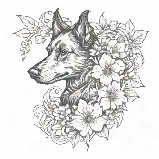 Flowers Around A Black Dog
