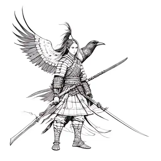 Women's Tatto Of Samurai Warrior With Crow