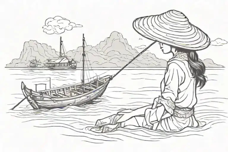 A Vietnamese Girl With A Vietnamese Hat On A Fishing Boat In The Distance