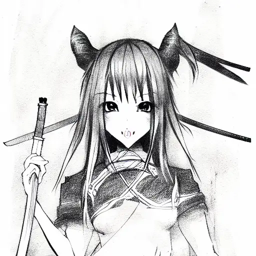 Anime Girl In A Demon Mask With A Katana In Her Hands