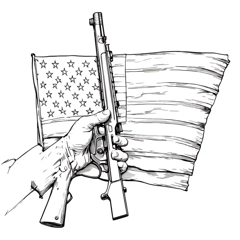 Illustrate A Sketch Of A Hand Holding A Folded Us Flag With A Rifle Leaning Against It