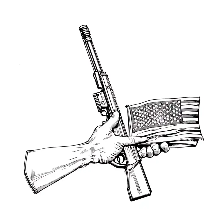 Illustrate A Sketch Of A Hand Holding A Folded Us Flag With A Rifle Leaning Against It