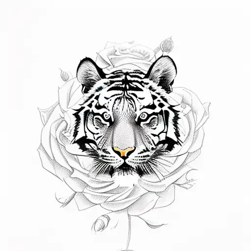 Tiger Head With Roses And Timepiece