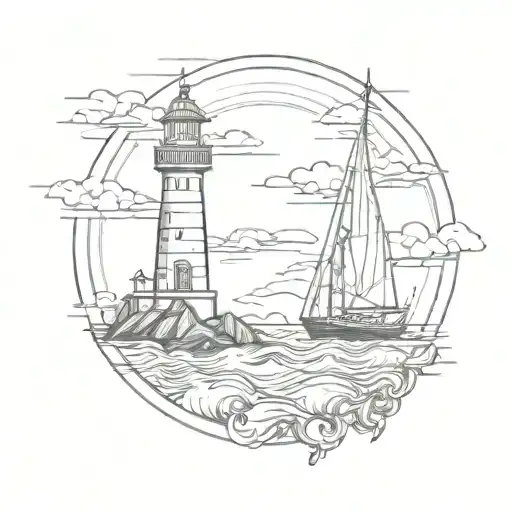 Line Detailed Lighthouse Sail Boat In Sea