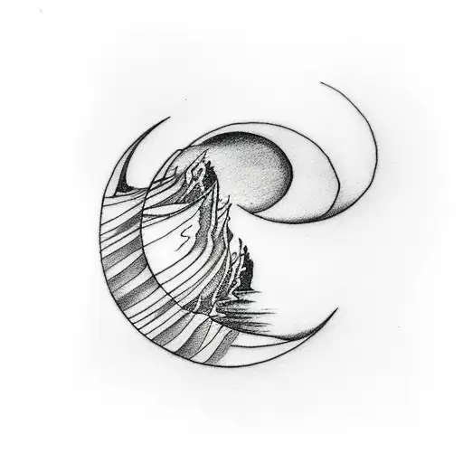 Minimalist Black And White Tattoo Design Of A Crescent Moon With A River Flowing Toward It