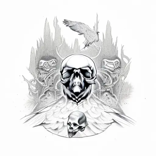 Raven Holding A Banner With A Skull