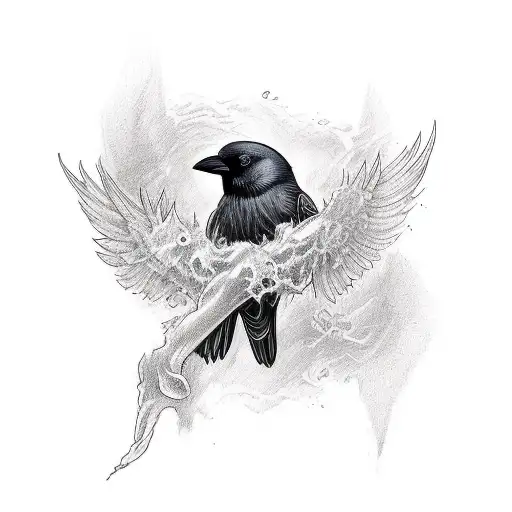 Tatto Of Crow Design Containing Letter R Amd M Where Letter Are Not Visible Clearly
