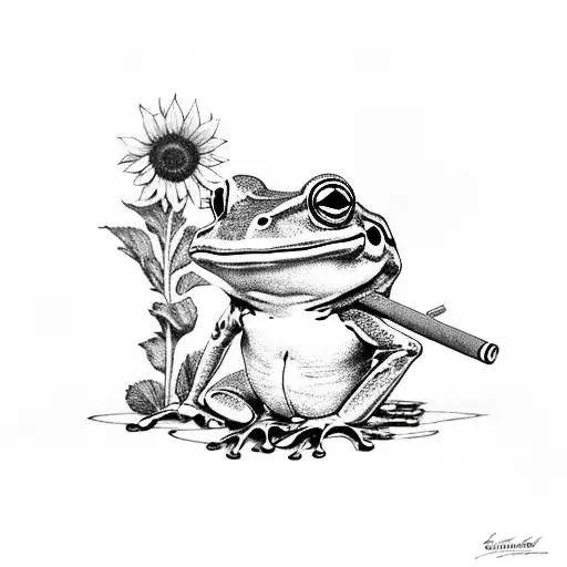 Frog With Sunflower Head Holding A Sigarette