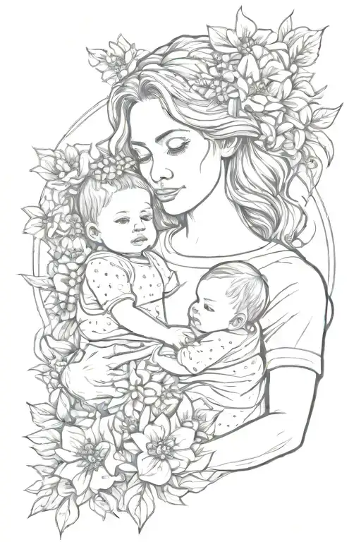 Mom Holding Two Babies Surrounded By Flowers