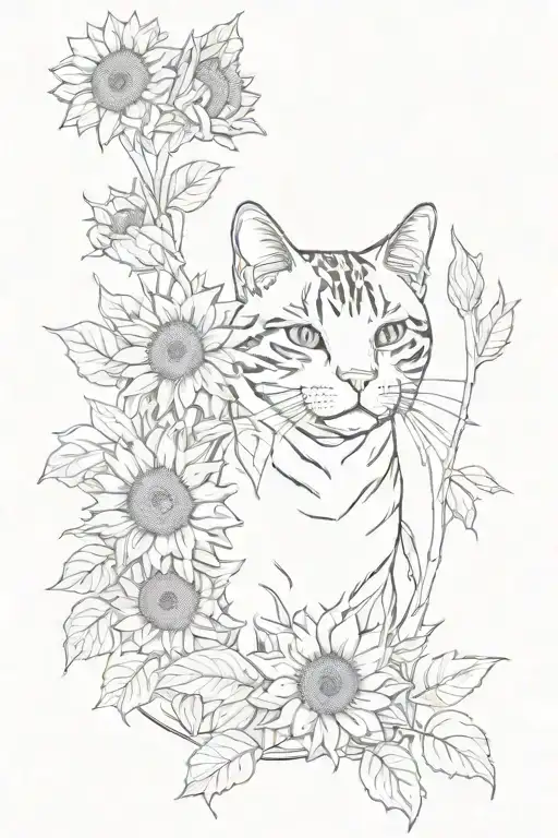 Cat And Sunflowers