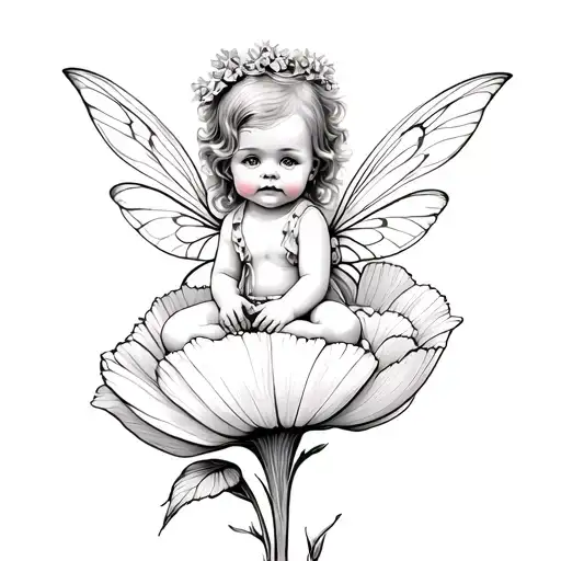 Fairy Kewpie Baby Girl Sitting On Poppy Flower