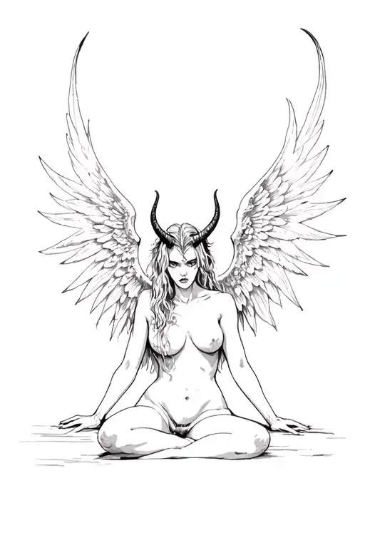 Naked Lilith With Wings And Horns Demon Sat Down In Half -Turn