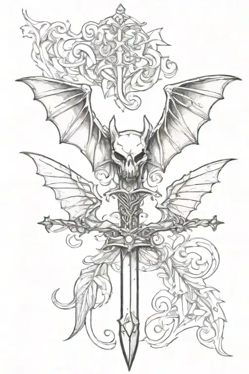 Bat Wings With Sword And Heart In Middle