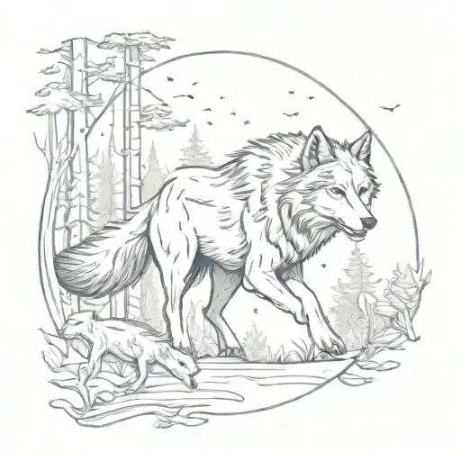A Sketch Style Tattoo Of A Mother Wolf Leading Her Pack Through A Moonlit Forest