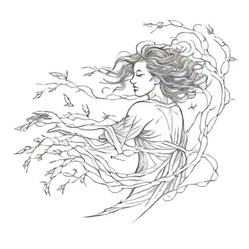 Willow Being Blown By The Wind In Fine Line Tatto