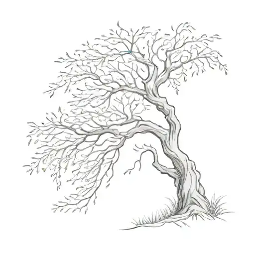 Willow Tree Being Blown Slightly By The Wind In Fine Line