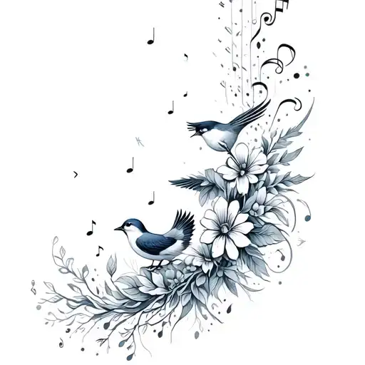 Flowers Birds And Music Notes Pouring