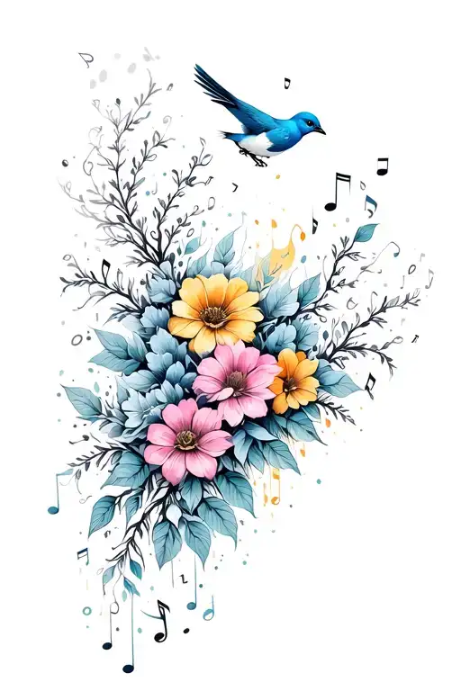 Flowers Birds And Music Notes Pouring