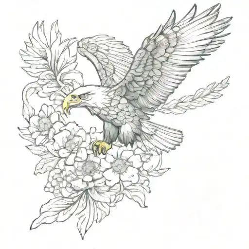 Bald Eagle Flying With Marigold And Cosmo Flowers