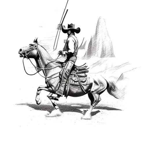 A Detailed Sketch Of A Cowboy Holding A Lever Action Rifle While Riding A Bucking Bronco