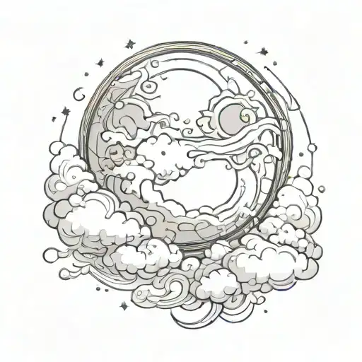 A Sketch Style Tattoo Of A Mystical Full Moon Surrounded By Swirling Clouds