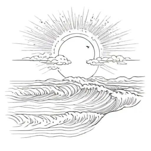 A Sketch Of A Sun Setting Over The Horizon With Waves Crashing On The Beach
