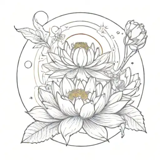 Marigold Flower And Water Lily Flower Surrounded By The Moon And The Sun