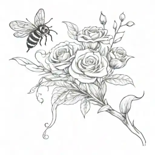 Flower Bouquet With Stems With Flying Bee And Snail On The Ground