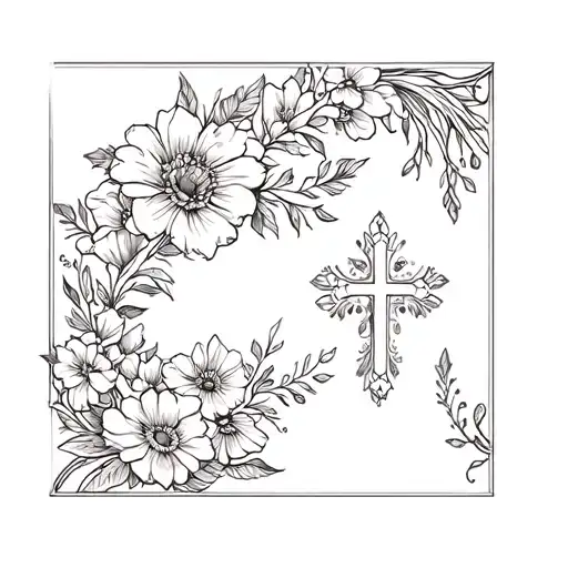 Intricate Floral Tattoo On Both Shoulders With Cross In The Center For Woman