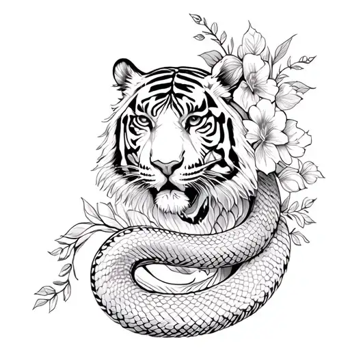 Floral With Tiger And Snake Intertwined