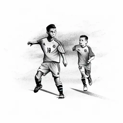 Soccer Player With Small Boy On Field