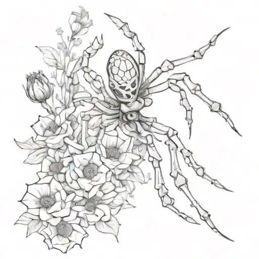 A Spider Crawling On A Skeleton Hand With Unfilled Flowers