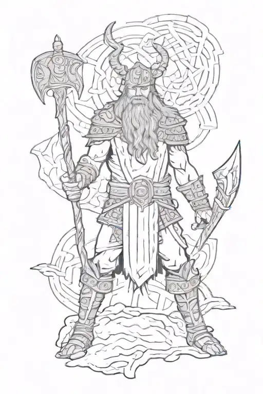 Viking With Axe Having A Stand Off With A Angry Feriocious Black Wolf In Front Of Yggdrasil