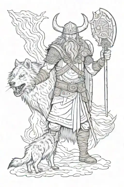 Viking With Axe Having A Stand Off With A Angry Feriocious Black Wolf In Front Of Yggdrasil