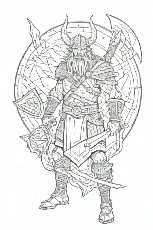 Viking With Axe Having A Stand Off With A Angry Feriocious Black Wolf In Front Of Yggdrasil